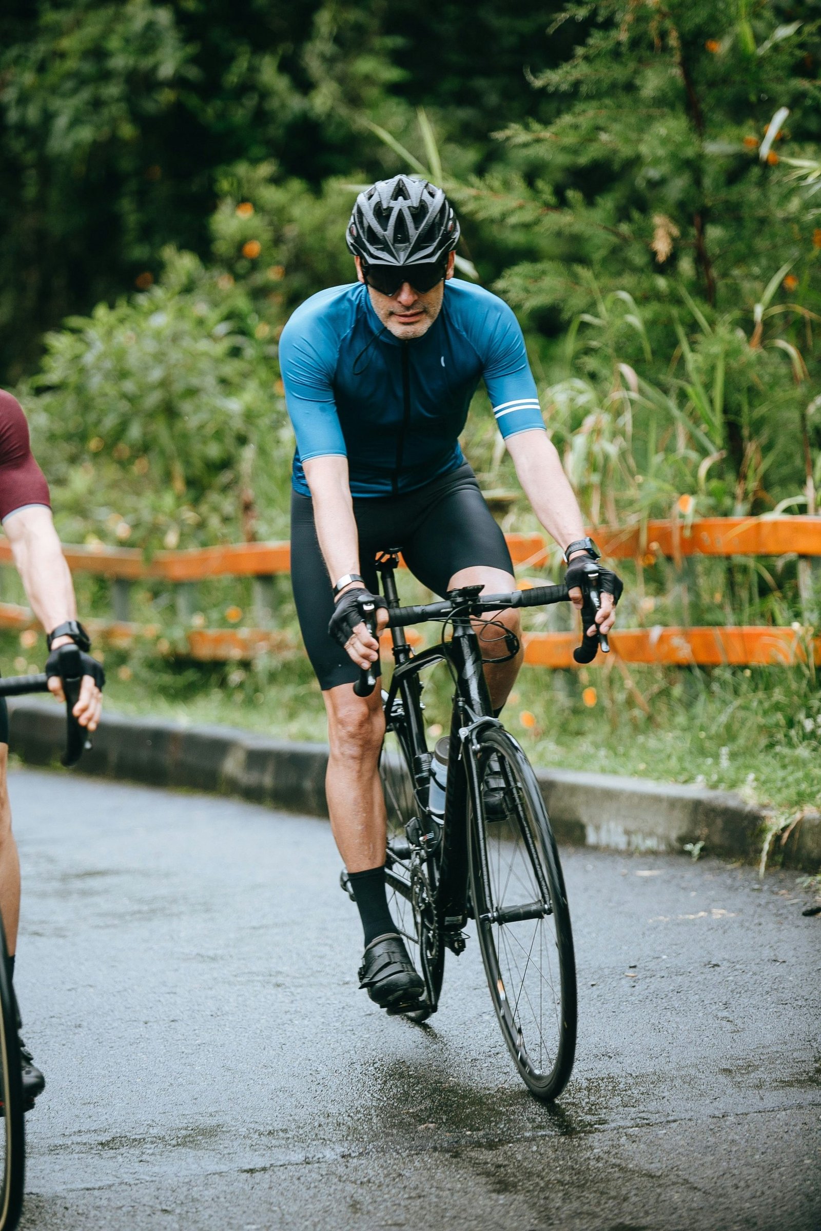 Cyclist wearing riding gear