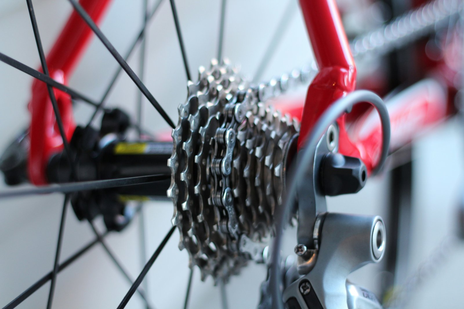Close-up of a bicycle cassette and red frame